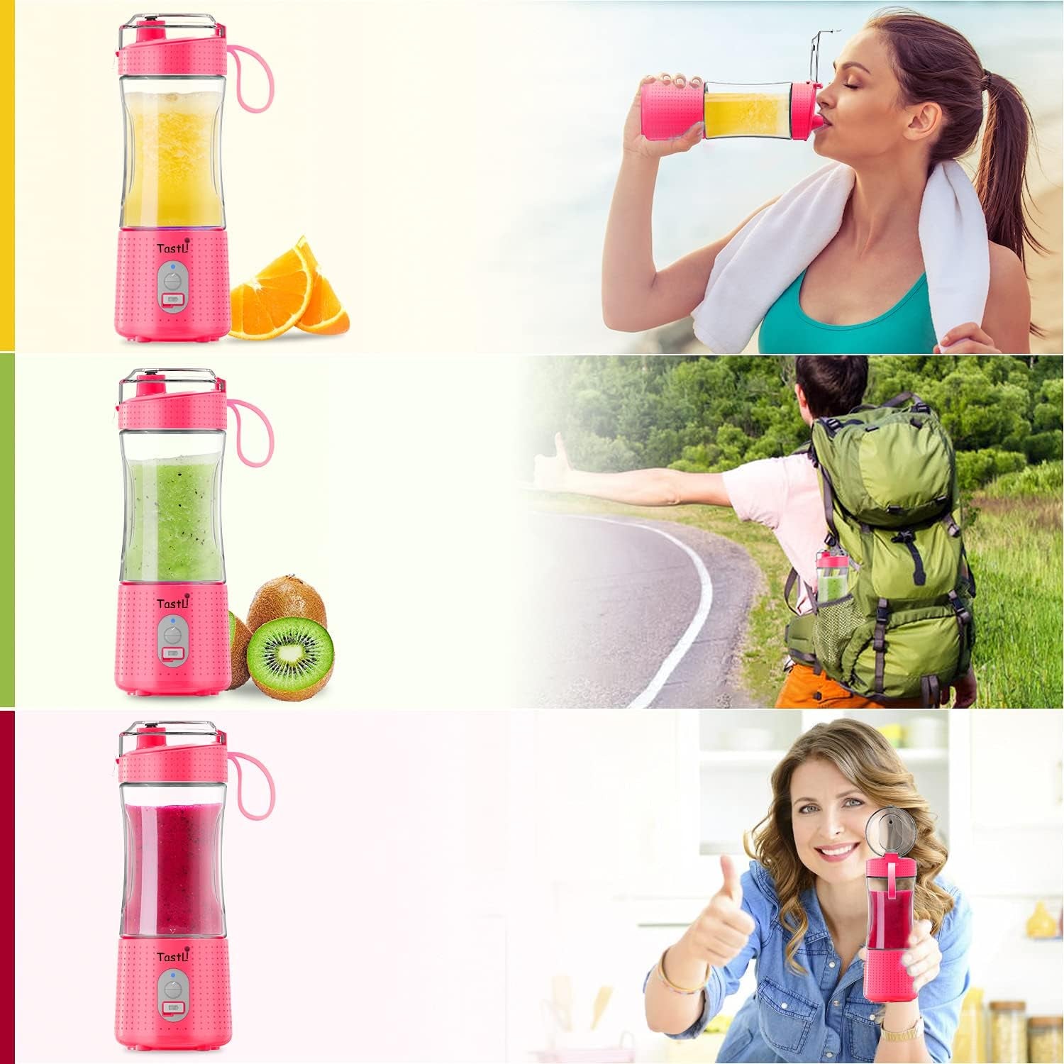 Personal Blender, Portable Travel Mini Ice Mixer Electric Smoothie Blender Juicer Cup Maker, with 13 Oz Bottles, 6 Blades and USB 4000Mah Strong Power for Shakes and Smoothies (Pink)